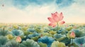 A watercolor painting depicting a serene lotus field in Vietnam Royalty Free Stock Photo
